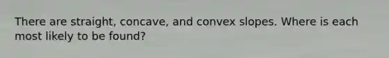 There are straight, concave, and convex slopes. Where is each most likely to be found?