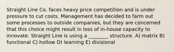 Straight Line Co. faces heavy price competition and is under pressure to cut costs. Management has decided to farm out some processes to outside companies, but they are concerned that this choice might result in loss of in-house capacity to innovate. Straight Line is using a ________ structure. A) matrix B) functional C) hollow D) learning E) divisional