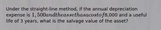 Under the straight-line method, if the annual depreciation expense is 1,500 and the asset has a cost of8,000 and a useful life of 3 years, what is the salvage value of the asset?