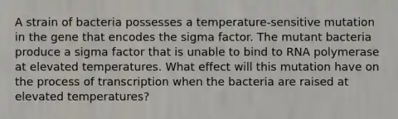 A strain of bacteria possesses a temperature‑sensitive mutation in the gene that encodes the sigma factor. The mutant bacteria produce a sigma factor that is unable to bind to RNA polymerase at elevated temperatures. What effect will this mutation have on the process of transcription when the bacteria are raised at elevated temperatures?