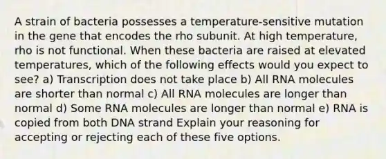 A strain of bacteria possesses a temperature-sensitive mutation in the gene that encodes the rho subunit. At high temperature, rho is not functional. When these bacteria are raised at elevated temperatures, which of the following effects would you expect to see? a) Transcription does not take place b) All RNA molecules are shorter than normal c) All RNA molecules are longer than normal d) Some RNA molecules are longer than normal e) RNA is copied from both DNA strand Explain your reasoning for accepting or rejecting each of these five options.