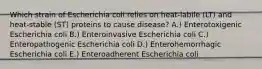 Which strain of Escherichia coli relies on heat-labile (LT) and heat-stable (ST) proteins to cause disease? A.) Enterotoxigenic Escherichia coli B.) Enteroinvasive Escherichia coli C.) Enteropathogenic Escherichia coli D.) Enterohemorrhagic Escherichia coli E.) Enteroadherent Escherichia coli