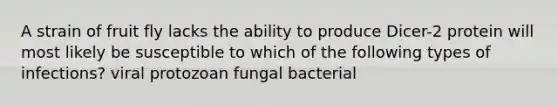 A strain of fruit fly lacks the ability to produce Dicer-2 protein will most likely be susceptible to which of the following types of infections? viral protozoan fungal bacterial