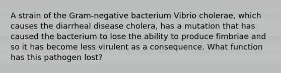 A strain of the Gram-negative bacterium Vibrio cholerae, which causes the diarrheal disease cholera, has a mutation that has caused the bacterium to lose the ability to produce fimbriae and so it has become less virulent as a consequence. What function has this pathogen lost?