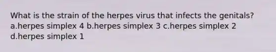 What is the strain of the herpes virus that infects the genitals? a.herpes simplex 4 b.herpes simplex 3 c.herpes simplex 2 d.herpes simplex 1