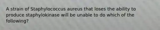 A strain of Staphylococcus aureus that loses the ability to produce staphylokinase will be unable to do which of the following?