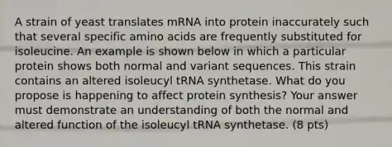 A strain of yeast translates mRNA into protein inaccurately such that several specific amino acids are frequently substituted for isoleucine. An example is shown below in which a particular protein shows both normal and variant sequences. This strain contains an altered isoleucyl tRNA synthetase. What do you propose is happening to affect protein synthesis? Your answer must demonstrate an understanding of both the normal and altered function of the isoleucyl tRNA synthetase. (8 pts)