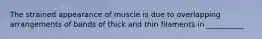 The strained appearance of muscle is due to overlapping arrangements of bands of thick and thin filaments in __________