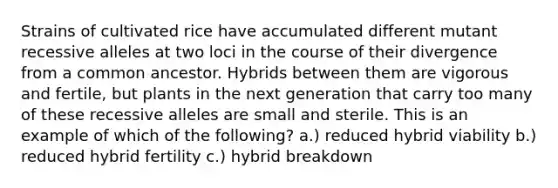 Strains of cultivated rice have accumulated different mutant recessive alleles at two loci in the course of their divergence from a common ancestor. Hybrids between them are vigorous and fertile, but plants in the next generation that carry too many of these recessive alleles are small and sterile. This is an example of which of the following? a.) reduced hybrid viability b.) reduced hybrid fertility c.) hybrid breakdown