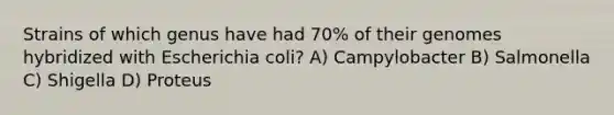 Strains of which genus have had 70% of their genomes hybridized with Escherichia coli? A) Campylobacter B) Salmonella C) Shigella D) Proteus