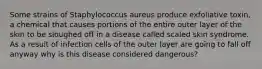 Some strains of Staphylococcus aureus produce exfoliative toxin, a chemical that causes portions of the entire outer layer of the skin to be sloughed off in a disease called scaled skin syndrome. As a result of infection cells of the outer layer are going to fall off anyway why is this disease considered dangerous?