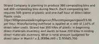 Strand Company is planning to produce 380 composting bins and sell 400 composting bins during March. Each composting bin requires 500 grams of plastic and one-half hour of direct labor. Plastic costs 10 per 500 grams and employees of the company are paid15.00 per hour. Manufacturing overhead is applied at a rate of 110% of direct labor costs. Strand has 300 kilos of plastic in beginning direct materials inventory and wants to have 200 kilos in ending direct materials inventory. What is total amount budgeted for direct labor in March? a 3,000 b6,000 c 2,850 d5,700