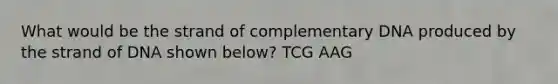 What would be the strand of complementary DNA produced by the strand of DNA shown below? TCG AAG