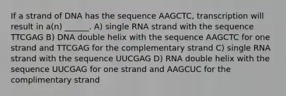 If a strand of DNA has the sequence AAGCTC, transcription will result in a(n) ______. A) single RNA strand with the sequence TTCGAG B) DNA double helix with the sequence AAGCTC for one strand and TTCGAG for the complementary strand C) single RNA strand with the sequence UUCGAG D) RNA double helix with the sequence UUCGAG for one strand and AAGCUC for the complimentary strand