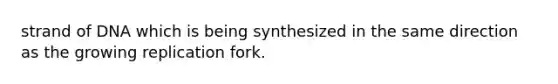 strand of DNA which is being synthesized in the same direction as the growing replication fork.