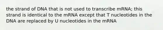 the strand of DNA that is not used to transcribe mRNA; this strand is identical to the mRNA except that T nucleotides in the DNA are replaced by U nucleotides in the mRNA