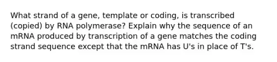 What strand of a gene, template or coding, is transcribed (copied) by RNA polymerase? Explain why the sequence of an mRNA produced by transcription of a gene matches the coding strand sequence except that the mRNA has U's in place of T's.