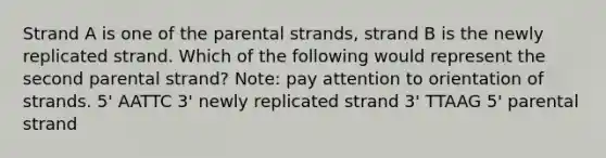 Strand A is one of the parental strands, strand B is the newly replicated strand. Which of the following would represent the second parental strand? Note: pay attention to orientation of strands. 5' AATTC 3' newly replicated strand 3' TTAAG 5' parental strand