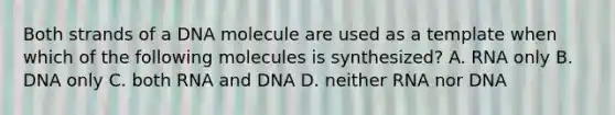 Both strands of a DNA molecule are used as a template when which of the following molecules is synthesized? A. RNA only B. DNA only C. both RNA and DNA D. neither RNA nor DNA