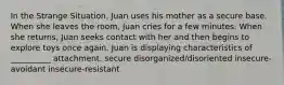 In the Strange Situation, Juan uses his mother as a secure base. When she leaves the room, Juan cries for a few minutes. When she returns, Juan seeks contact with her and then begins to explore toys once again. Juan is displaying characteristics of __________ attachment. secure disorganized/disoriented insecure-avoidant insecure-resistant