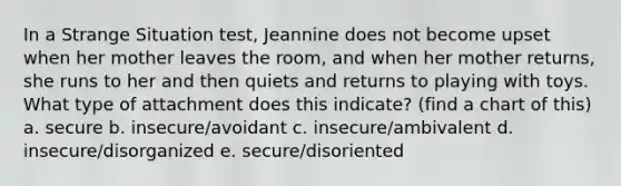 In a Strange Situation test, Jeannine does not become upset when her mother leaves the room, and when her mother returns, she runs to her and then quiets and returns to playing with toys. What type of attachment does this indicate? (find a chart of this) a. secure b. insecure/avoidant c. insecure/ambivalent d. insecure/disorganized e. secure/disoriented