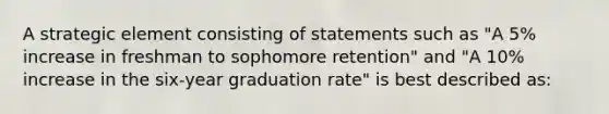 A strategic element consisting of statements such as "A 5% increase in freshman to sophomore retention" and "A 10% increase in the six-year graduation rate" is best described as: