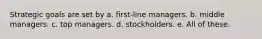 Strategic goals are set by a. first-line managers. b. middle managers. c. top managers. d. stockholders. e. All of these.