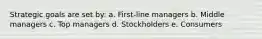 Strategic goals are set by: a. First-line managers b. Middle managers c. Top managers d. Stockholders e. Consumers