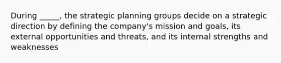 During _____, the strategic planning groups decide on a strategic direction by defining the company's mission and goals, its external opportunities and threats, and its internal strengths and weaknesses