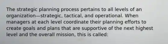 The strategic planning process pertains to all levels of an organization—strategic, tactical, and operational. When managers at each level coordinate their planning efforts to create goals and plans that are supportive of the next highest level and the overall mission, this is called: