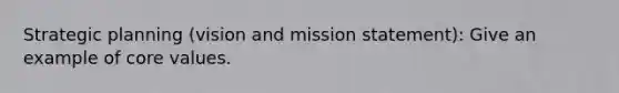 Strategic planning (vision and mission statement): Give an example of core values.