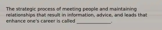 The strategic process of meeting people and maintaining relationships that result in information, advice, and leads that enhance one's career is called _______________.