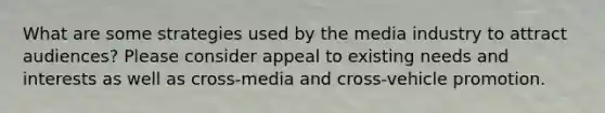 What are some strategies used by the media industry to attract audiences? Please consider appeal to existing needs and interests as well as cross-media and cross-vehicle promotion.