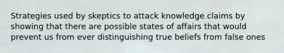 Strategies used by skeptics to attack knowledge claims by showing that there are possible states of affairs that would prevent us from ever distinguishing true beliefs from false ones