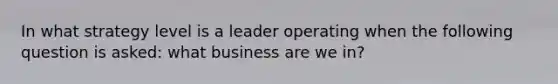 In what strategy level is a leader operating when the following question is asked: what business are we in?