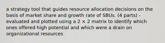 a strategy tool that guides resource allocation decisions on the basis of market share and growth rate of SBUs. (4 parts) -evaluated and plotted using a 2 × 2 matrix to identify which ones offered high potential and which were a drain on organizational resources