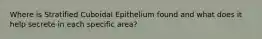 Where is Stratified Cuboidal Epithelium found and what does it help secrete in each specific area?