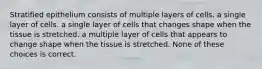 Stratified epithelium consists of multiple layers of cells. a single layer of cells. a single layer of cells that changes shape when the tissue is stretched. a multiple layer of cells that appears to change shape when the tissue is stretched. None of these choices is correct.