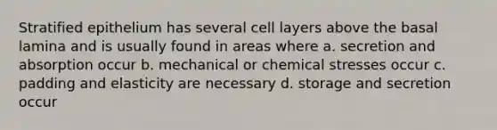 Stratified epithelium has several cell layers above the basal lamina and is usually found in areas where a. secretion and absorption occur b. mechanical or chemical stresses occur c. padding and elasticity are necessary d. storage and secretion occur