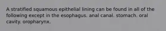 A stratified squamous epithelial lining can be found in all of the following except in the esophagus. anal canal. stomach. oral cavity. oropharynx.