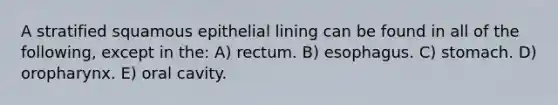 A stratified squamous epithelial lining can be found in all of the following, except in the: A) rectum. B) esophagus. C) stomach. D) oropharynx. E) oral cavity.