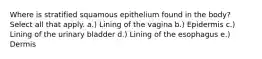 Where is stratified squamous epithelium found in the body? Select all that apply. a.) Lining of the vagina b.) Epidermis c.) Lining of the urinary bladder d.) Lining of the esophagus e.) Dermis