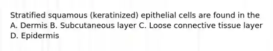 Stratified squamous (keratinized) epithelial cells are found in the A. Dermis B. Subcutaneous layer C. Loose connective tissue layer D. Epidermis