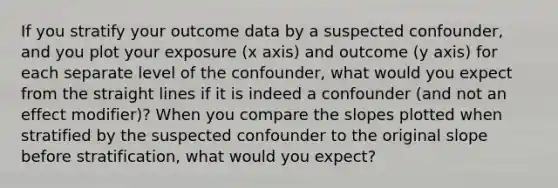 If you stratify your outcome data by a suspected confounder, and you plot your exposure (x axis) and outcome (y axis) for each separate level of the confounder, what would you expect from the straight lines if it is indeed a confounder (and not an effect modifier)? When you compare the slopes plotted when stratified by the suspected confounder to the original slope before stratification, what would you expect?