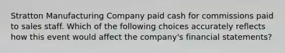 Stratton Manufacturing Company paid cash for commissions paid to sales staff. Which of the following choices accurately reflects how this event would affect the company's financial statements?