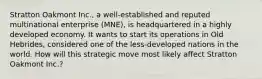 Stratton Oakmont Inc., a well-established and reputed multinational enterprise (MNE), is headquartered in a highly developed economy. It wants to start its operations in Old Hebrides, considered one of the less-developed nations in the world. How will this strategic move most likely affect Stratton Oakmont Inc.?