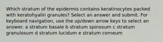 Which stratum of the epidermis contains keratinocytes packed with keratohyalin granules? Select an answer and submit. For keyboard navigation, use the up/down arrow keys to select an answer. a stratum basale b stratum spinosum c stratum granulosum d stratum lucidum e stratum corneum