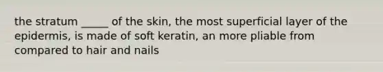 the stratum _____ of the skin, the most superficial layer of the epidermis, is made of soft keratin, an more pliable from compared to hair and nails