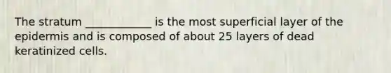 The stratum ____________ is the most superficial layer of <a href='https://www.questionai.com/knowledge/kBFgQMpq6s-the-epidermis' class='anchor-knowledge'>the epidermis</a> and is composed of about 25 layers of dead keratinized cells.