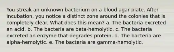 You streak an unknown bacterium on a blood agar plate. After incubation, you notice a distinct zone around the colonies that is completely clear. What does this mean? a. The bacteria excreted an acid. b. The bacteria are beta-hemolytic. c. The bacteria excreted an enzyme that degrades protein. d. The bacteria are alpha-hemolytic. e. The bacteria are gamma-hemolytic.